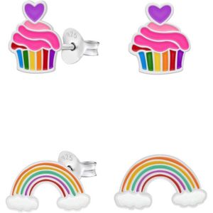 Set van zilveren oorstekers, kleurige cupcake met paars hartje en regenboog met wolkjes