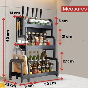 Keukenkruidenrek met 3 Niveaus, Kruidenrek voor het Opbergen van Potten, Kruiden en Serviesgoed voor de Voorraadkast, Koolstofstaal.