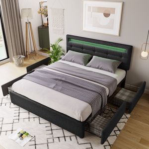 Sweiko Gestoffeerd Bed met LED verlichting en 4-lades, Tweepersoonsbed bed 140x200cm, in hoogte verstelbaar hoofdeinde, Houten lattenboden, Zwart (zonder matras)