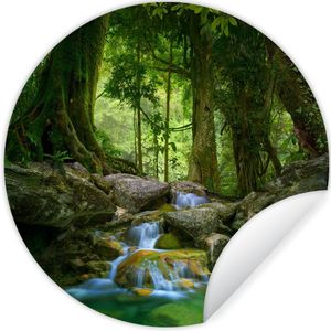 Behangcirkel - Behangsticker - Stenen - Rivier - Jungle - Boom - Groen - Zelfklevend behang - 80x80 cm - Woondecoratie - Behangcirkel jungle - Cirkel behang