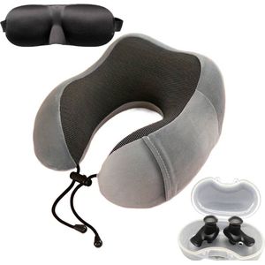 Nekkussen - Reiskussen - Memory Foam kussen Met Slaapmasker & Oordopjes - Zachte Reiskussen - Grijs