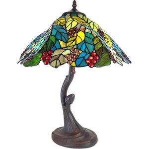 LumiLamp Tiffany Tafellamp Ø 43*54 cm E27/max 2*60W Groen Kunststof, Glas Bladeren Tiffany Bureaulamp Tiffany Lampen