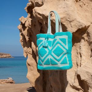 Bohemida Ibiza Bag XL - Mom bag- Boho Laguna Blauw - Turqouise - Grote Strandtas / Weekendtas /Schoudertas - Katoen & Wol - Afsluitbaar