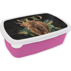 Broodtrommel Roze - Lunchbox - Brooddoos - Schotse hooglander - Monstera - Goud - 18x12x6 cm - Kinderen - Meisje