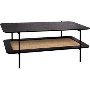 sweeek - Vintage salontafel van 110 cm met dubbele bladen in houtlook en vlechtwerk, met een onderstel en structuur van zwart metaal