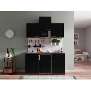 Goedkope keuken 150  cm - complete kleine keuken met apparatuur Oliver - Donker eiken/Zwart - elektrische kookplaat  - koelkast  - magnetron - mini keuken - compacte keuken - keukenblok met apparatuur