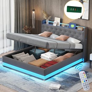 Sweiko Gestoffeerd bed - 160*200 cm - USB-laadpoort - Hydraulische opbergruimte - Linnen - Grijs