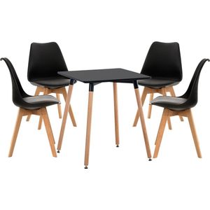 CLP Liborg eetkamerset - eettafel met stoelen - Set van 4x stoel Linares en 1x tafel Viborg - Vierkant tafelblad 60 x 60 cm - Moderne zwart