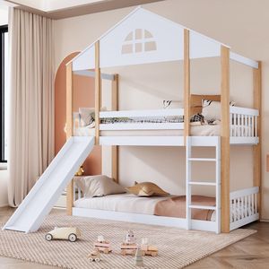 Sweiko Stapelbed met karakteristieke ramen en drietraps hoekladder, Kinderbed met glijbaan, Huisbedje met hekken en valbeveiliging, massief houten bedframe, Wit en naturel, 90x200cm