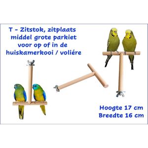 Zitstok T standaard parkiet dikte 15 mm beukenhout. incl bevestiging voor op of in een vogelkooi kooi