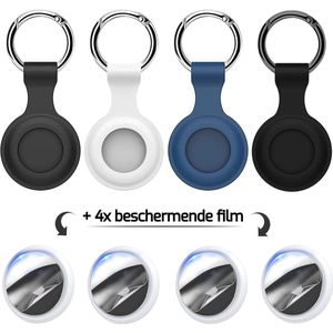 Sleutelhangers geschikt voor Apple Airtag - Airtag-sleutelhangers - Siliconen sleutelhangerset geschikt voor Apple Airtag - 4 stuks + 4 x beschermende film - Mix 4 kleuren (zwart/grijs/blauw/wit)