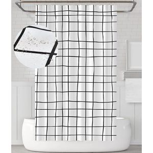 wit zwart geruit textiel douchegordijn, anti-schimmel douchegordijn voor badkamer, wasbaar, waterdicht met 12 douchegordijnringen, 180x180cm