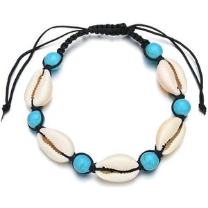 Fako Bijoux® - Schelpjes Armband - Schelpen - Turquoise - Nylon - Zwart