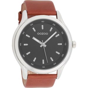 OOZOO Timepieces - Zilverkleurige horloge met cognac leren band - C7431