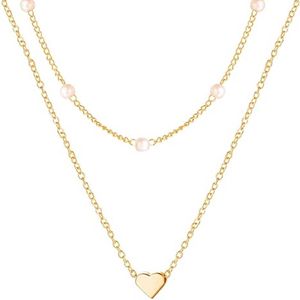 Ketting met hartje en parel goud kleurig staal (2-delig) - Ketting met hanger dames goud kleurig staal hart en parels - Kettingen dames goudkleurig - Koppel meisjes ketting sieraden ketting