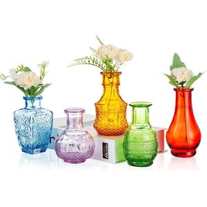 Kleine vazenset, 5-delige mini-vaas, glas, vintage, bruiloft, kristallen, kleurrijk, bloemenvaas, verschillende maten, modern, smal, glazen vazen, tafeldecoratie, voor bloemen, decoratie, woonkamer, badkamer,