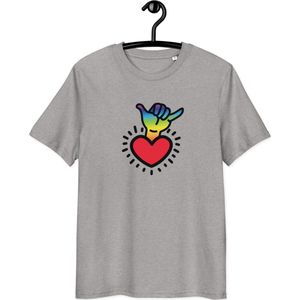 SHAKrA T-shirt - Unisex - 100% Biologisch Katoen - Grijs - Maat 2XL | Shaka T-shirt| Shakra T-shirt| By BitPopArt| Hang Loose T-shirt| Love t-shirt| Zomer Kleding| Regenboog| Kleuren