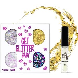 GetGlitterBaby® - Glitter Set Chunky Festival Glitters voor Lichaam en Gezicht Glitterset / Face Body Glitterlijm Set / Gel Glittergel Tattoo - 4 Potjes - en Glitter Lijm HuidLijm / Zilver / Goud / Wit / Blauw / Paars / Zwart