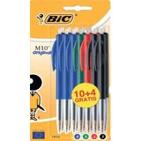 BIC M10 Original Balpennen met Kliksysteem Medium Punt (1.0 mm) - Blauw Zwart Groen Rood- Pak van 10 +4 Stuks