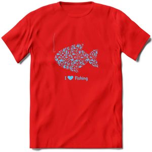 I Love Fishing - Vissen T-Shirt | Blauw | Grappig Verjaardag Vis Hobby Cadeau Shirt | Dames - Heren - Unisex | Tshirt Hengelsport Kleding Kado - Rood - M