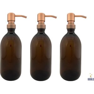Set van 3 Amber Plastic Zeepdispensers (500ml) met RVS Koper Pompje