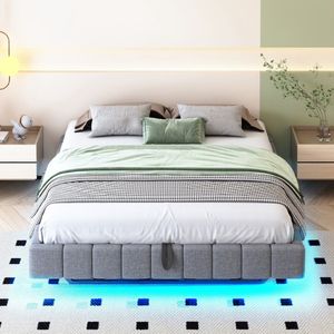 Sweiko Tweepersoonsbed - 160x200 cm - Met opbergruimte - Hydraulisch zwevend bedframe - LED verlichting - Zonder hoofdbord - Linnen - Grijs