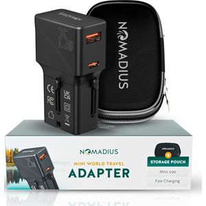 Nomadius Mini Wereldstekker - Fast Charging – Universele Reisstekker - 1 USB-C en 1 USB - 200+ Landen - Universeel - Amerika (USA) - Engeland (UK) - Australië - Azië - Zuid Amerika - Europa - Italië - Afrika - Wereldstekkers - Zwart