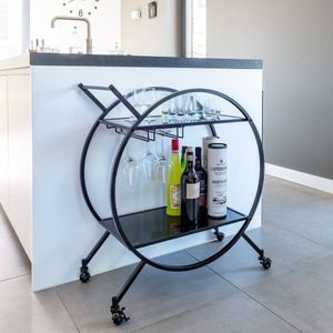 Eleganca Bar Trolley – Serveerwagen – Bar Cart – Keukentrolley – Met wijnglazenhouder – Op wielen – Glas/Metaal - Zwart