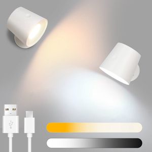 Nettlife 2 stuks LED Wandlamp - wit - Binnen - Dimbaar - met oplaadbare batterij - 360° Draaibaar - USB - Touch Control - Snoerloze wandlamp