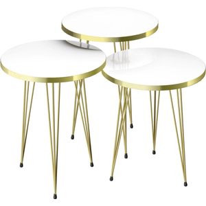 In And OutdoorMatch Bijzettafel Matri - Set van 3 - Rond - Wit en Goud - Spaanplaat en Metaal - Stijlvol design