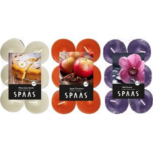 Candles by Spaas geurkaarsen - 36x stuks in 3 geuren - Wild Orchid - Appel-Cinnamon - Vanilla Cake