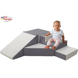 Zachte Soft Play Foam Blokken 4-delige set glijbaan met trap Grijs-Wit | grote speelblokken | motoriek baby speelgoed | foamblokken | reuze bouwblokken | Soft play peuter speelgoed | schuimblokken