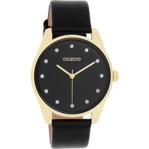 OOZOO Timepieces - Goudkleurige horloge met zwarte leren band - C11049
