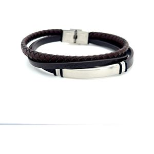 Heren armband - Armband Leer - Zwart met Bruin - Armband met haak sluiting - Stainless steel - Valentijn cadeautje voor hem