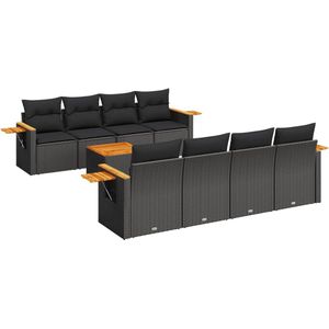 The Living Store 9-delige Loungeset met kussens poly rattan zwart - Tuinmeubles - Lounge Set - Pe Rattan - Outdoor Furniture - Buitendecoratie