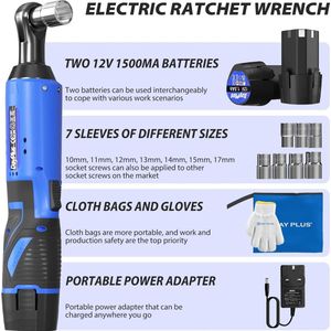 Elektrische ratelsleutel - Automatische sleutel - 2 Accu's - 12V - Lichtgewicht - Reparatie - Blauw - Accu oplader - LED lamp - Blauw - Extra Grip