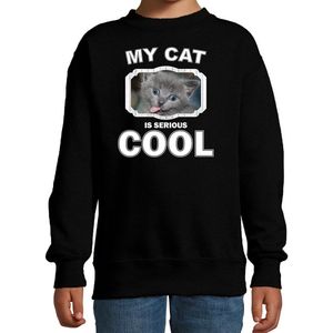 Grijze katten / poezen trui / sweater my cat is serious cool zwart - kinderen - Katten liefhebber cadeau sweaters - kinderkleding / kleding 98/104