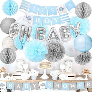 Babyshower Geboorte Versiering Pakket Jongen - Babydouche Baby Shower Decoratie Blauw Versier set Olifant met Oh Baby Ballonnen Slinger - It's a boy versiering
