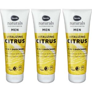 3-in-1 douchegel Men Vitalizing Citrus Combi-Verpakking | Heren Douchegel met bio-citroen en bio-sinaasappel - Voor lichaam, gezicht en haar - vegan - 3x250 ml - Bevola Naturals Douchegel