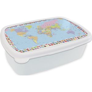 Broodtrommel Wit - Lunchbox - Brooddoos - Wereldkaart - Vlag - Atlas - 18x12x6 cm - Volwassenen