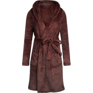 Charlie Choe badjas dames - 100 % zacht fleece - lang model - dames badjas met capuchon - trendy ochtendjas - bruin - maat L