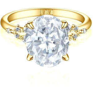 Ovaline - 18k Geelgouden Ovaal Moissanite Ring met Minimalistische Zijstenen - 3 karaat
