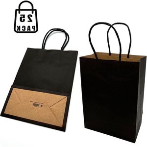 25 kleine zakjes kraftpapier - stevige zwarte papieren zakken - handgrepen - 21 × 8 × 15 cm - boodschappen verpakkingen - meenemen - recyclebaar .