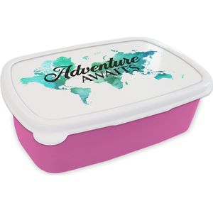 Broodtrommel Roze - Lunchbox - Brooddoos - Kaart - Wereld - Spreuk - Aquarelverf - 18x12x6 cm - Kinderen - Meisje