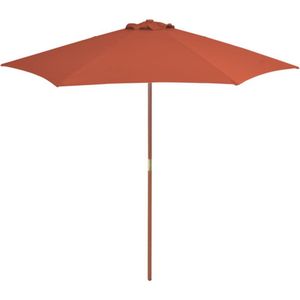 <p>Deze elegante houten parasol biedt de perfecte schaduw en bescherming tegen schadelijke uv-straling. Het parasoldoek is gemaakt van uv-beschermend en anti-vervagend polyester, waardoor het optimale zonbescherming biedt en gemakkelijk schoon te maken is.</p>
<p>Met een paaldiameter van 38 mm kan de parasol in een bestaande voet of in het midden van een tafel worden geplaatst. De sterke houten paal en de 6 duurzame baleinen zorgen voor stabiliteit en duurzaamheid.</p>
<p>Openen en sluiten van de tuinparasol is eenvoudig dankzij het katrolsysteem. Het product is ook gemakkelijk te monteren.</p>
<p>Let op: wij adviseren om het doek te behandelen met een waterdichtmakende spray bij zware regenval.</p>
<ul>
  <li>Kleur doek: terracotta</li>
  <li>Materiaal frame: gelamineerd bamboe en hardhout</li>
  <li>Materiaal hoes: stof</li>
  <li>Totale afmetingen: 270 x 244 cm (ø x H)</li>
  <li>Diameter paal: 38 mm</li>
  <li>Met ventilatiegat</li>
  <li>Met 6 baleinen</li>
  <li>Beschikt over een enkelvoudig katrolsysteem</li>
  <li>Materiaal: Polyester: 100%</li>
</ul>