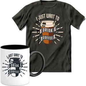 T-Shirtknaller T-Shirt met Koffiemok | I Just Want To Drink Coffee - Koffie Kleding | Heren / Dames Shirt met Mok Cadeau | Kleur grijs | Maat 3XL