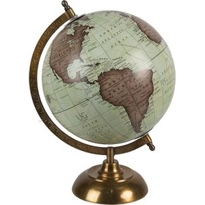 HAES DECO - Decoratieve Wereldbol met metalen koperkleurige voet - formaat 22x33cm - kleuren Bruin / Groen - Vintage Wereldbol, Globe, Aarbol