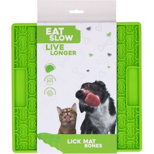 Eat Slow Live Longer Likmat – 21 x 21 cm - Vierkant – Snuffelmat – Anti-schrok Mat – Slowfeeder – Afleiding – Honden en Katten – voor Smeersels, Brokken en Snoep – Botjespatroon - 100% Siliconen – met Zuignappen – Vaatwasserbestendig – Groen