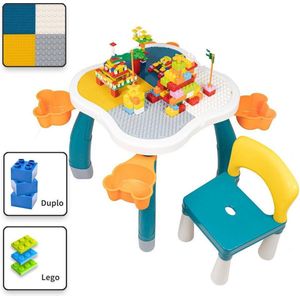 Decopatent® - Kindertafel met 1 Stoeltje - Speeltafel met bouwplaat en vlakke kant - Geschikt voor Lego® & Duplo® Bouwstenen