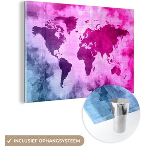 MuchoWow® Glasschilderij 60x40 cm - Schilderij acrylglas - Wereldkaart - Blauw - Roze - Foto op glas - Schilderijen